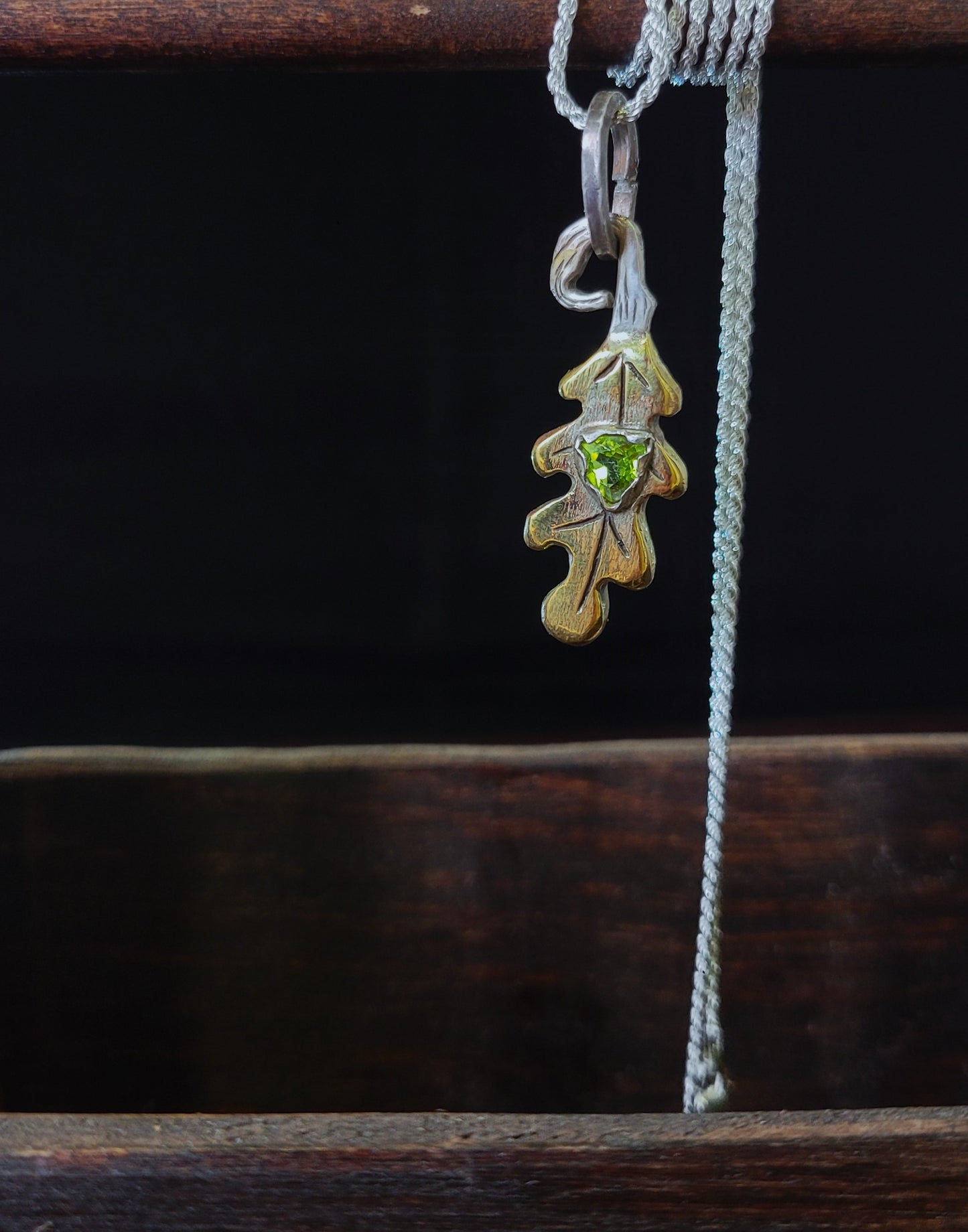 Brass Oak Leaf Pendant - Peridot
