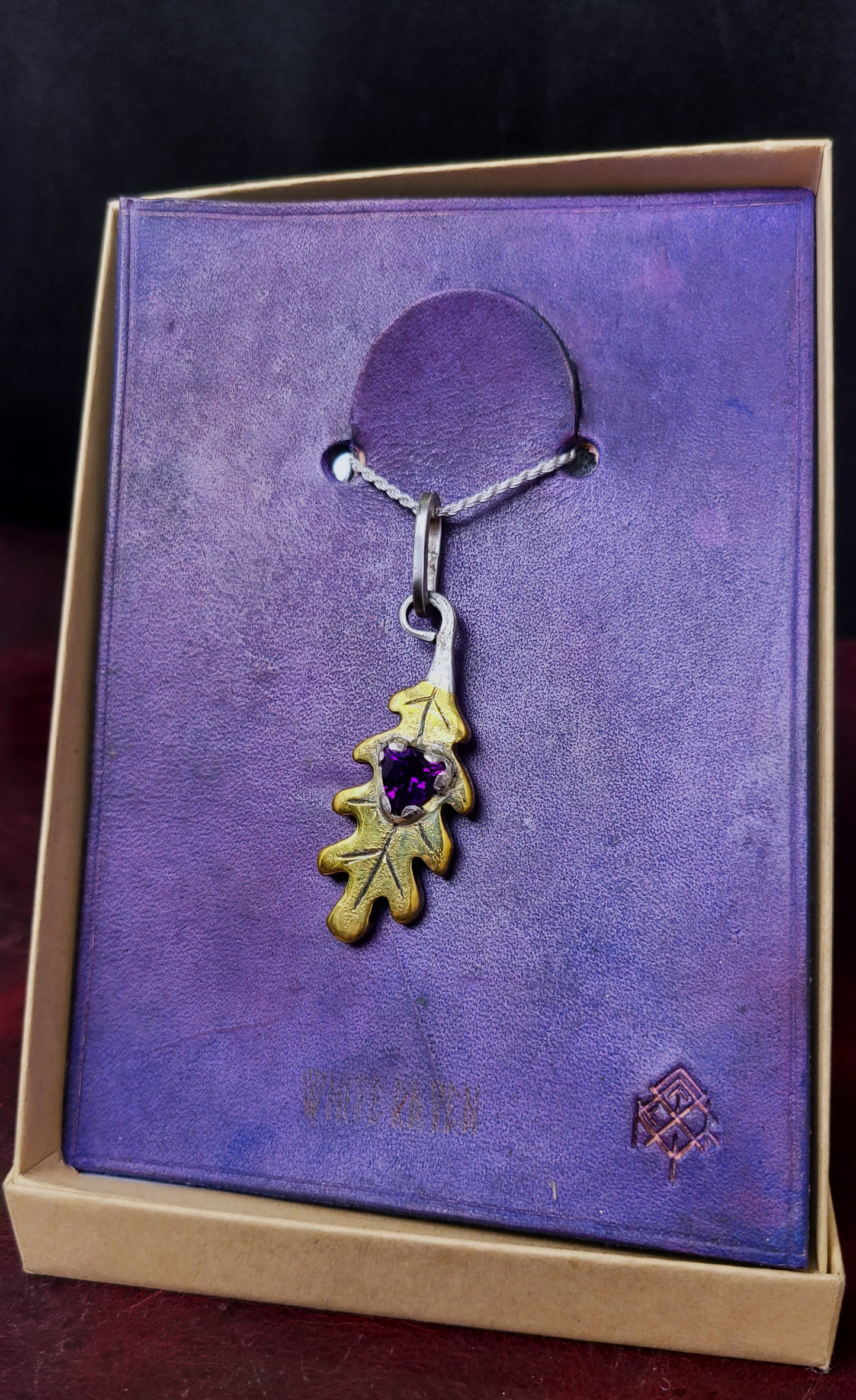 Brass Oak Leaf Pendant - Royal Amethyst