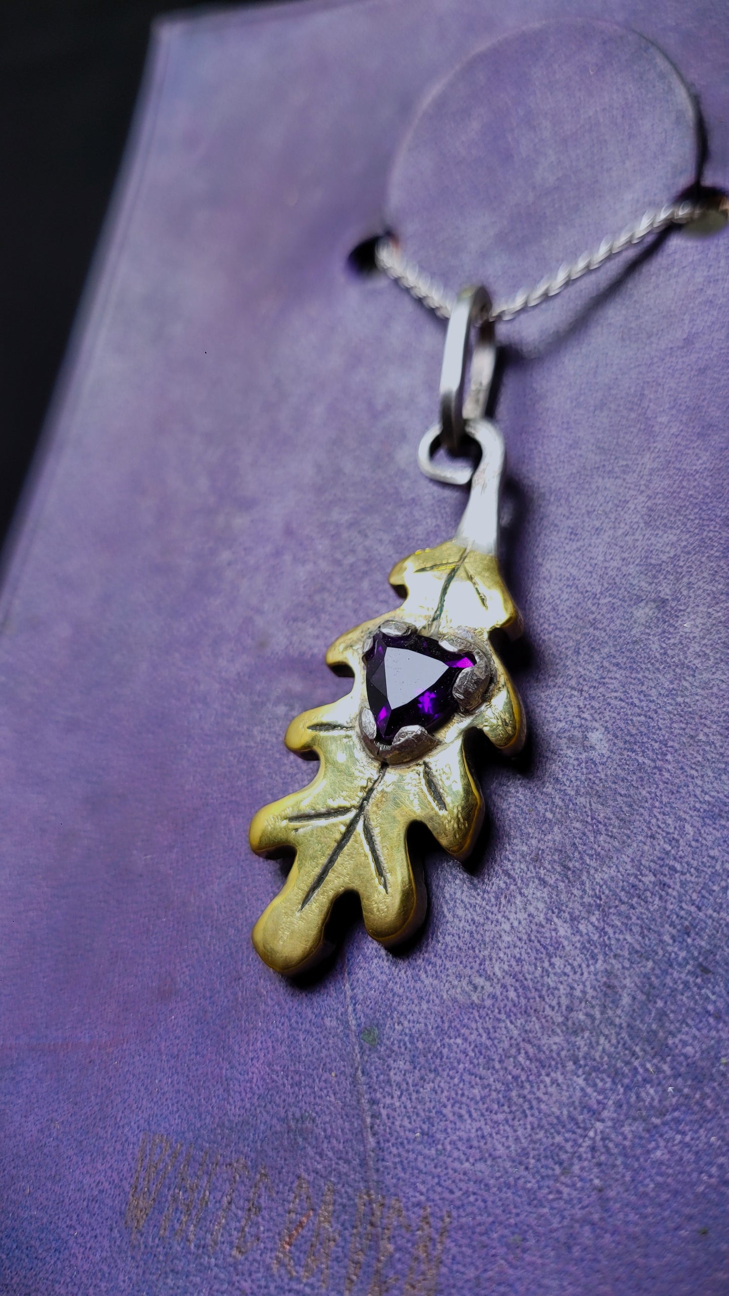 Brass Oak Leaf Pendant - Royal Amethyst