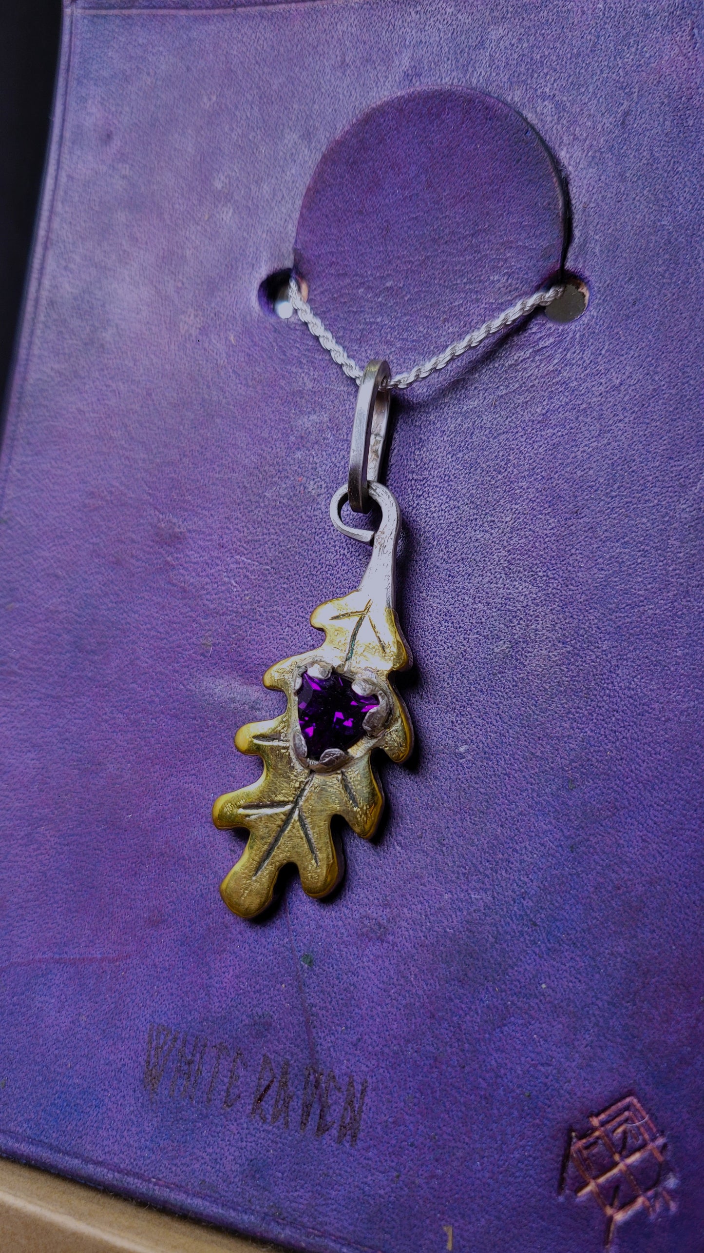 Brass Oak Leaf Pendant - Royal Amethyst