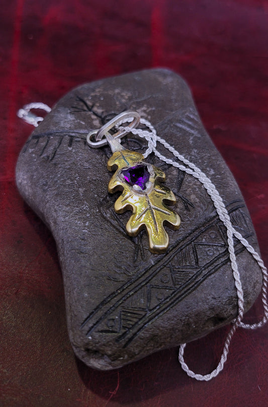 Brass Oak Leaf Pendant - Royal Amethyst