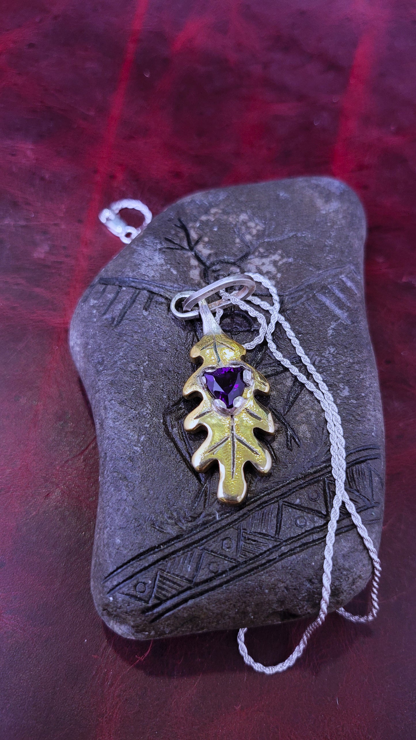 Brass Oak Leaf Pendant - Royal Amethyst