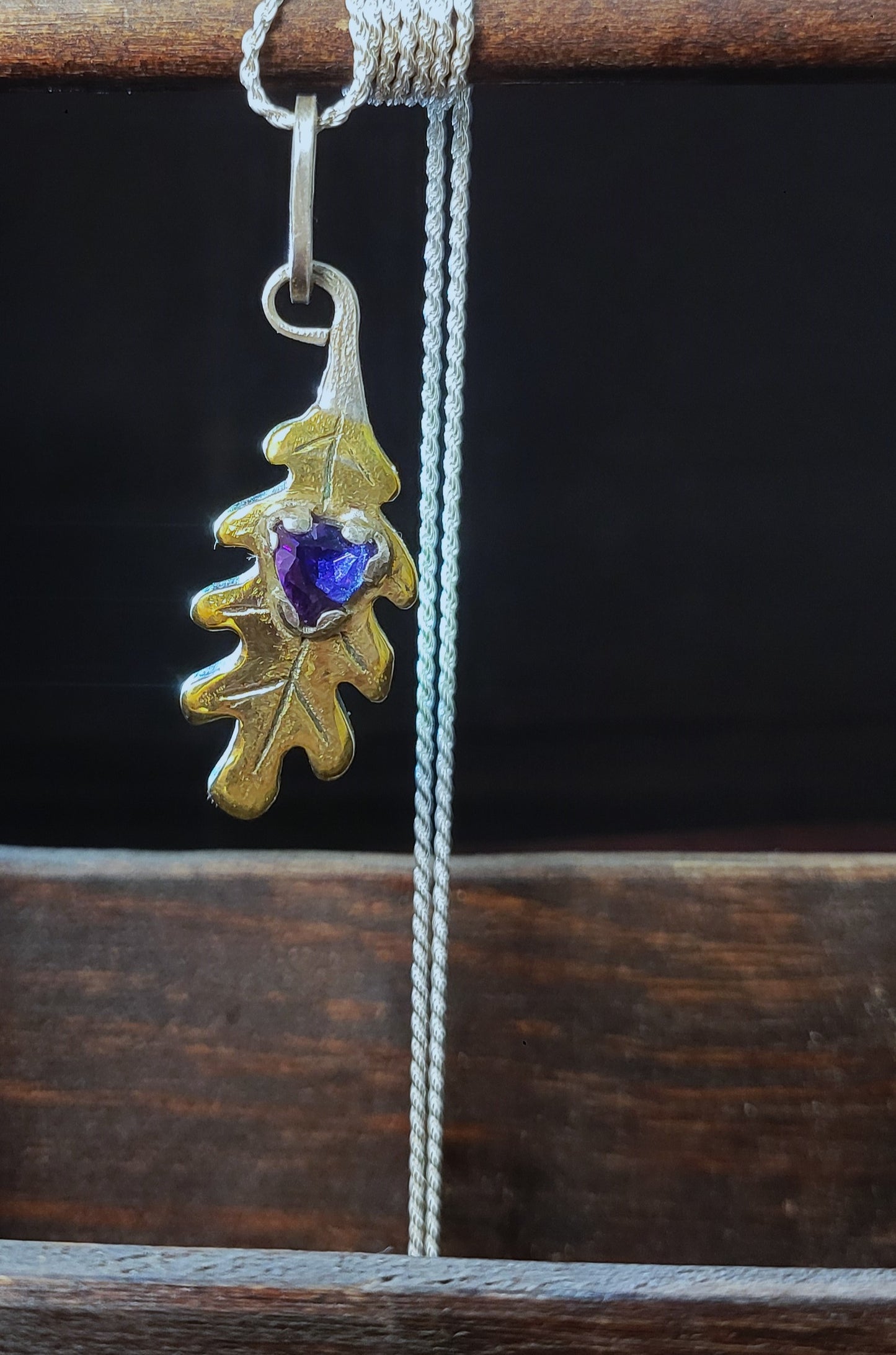Brass Oak Leaf Pendant - Royal Amethyst