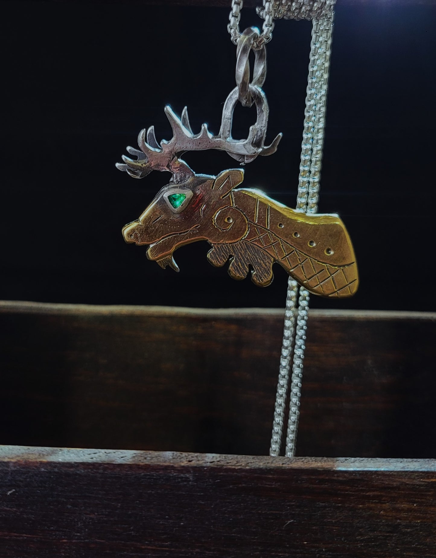 Brass Stag pendant "forest guardian" -emerald