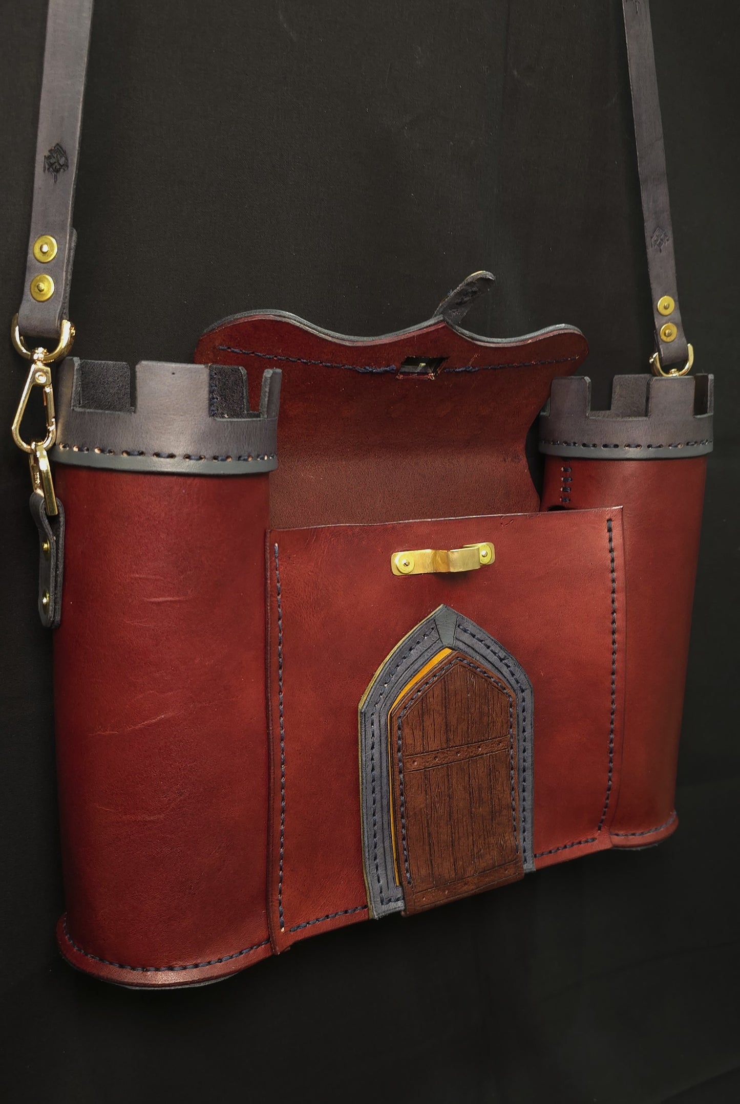 The Red-wall Castle Leather Bag - Burgundy and Grey