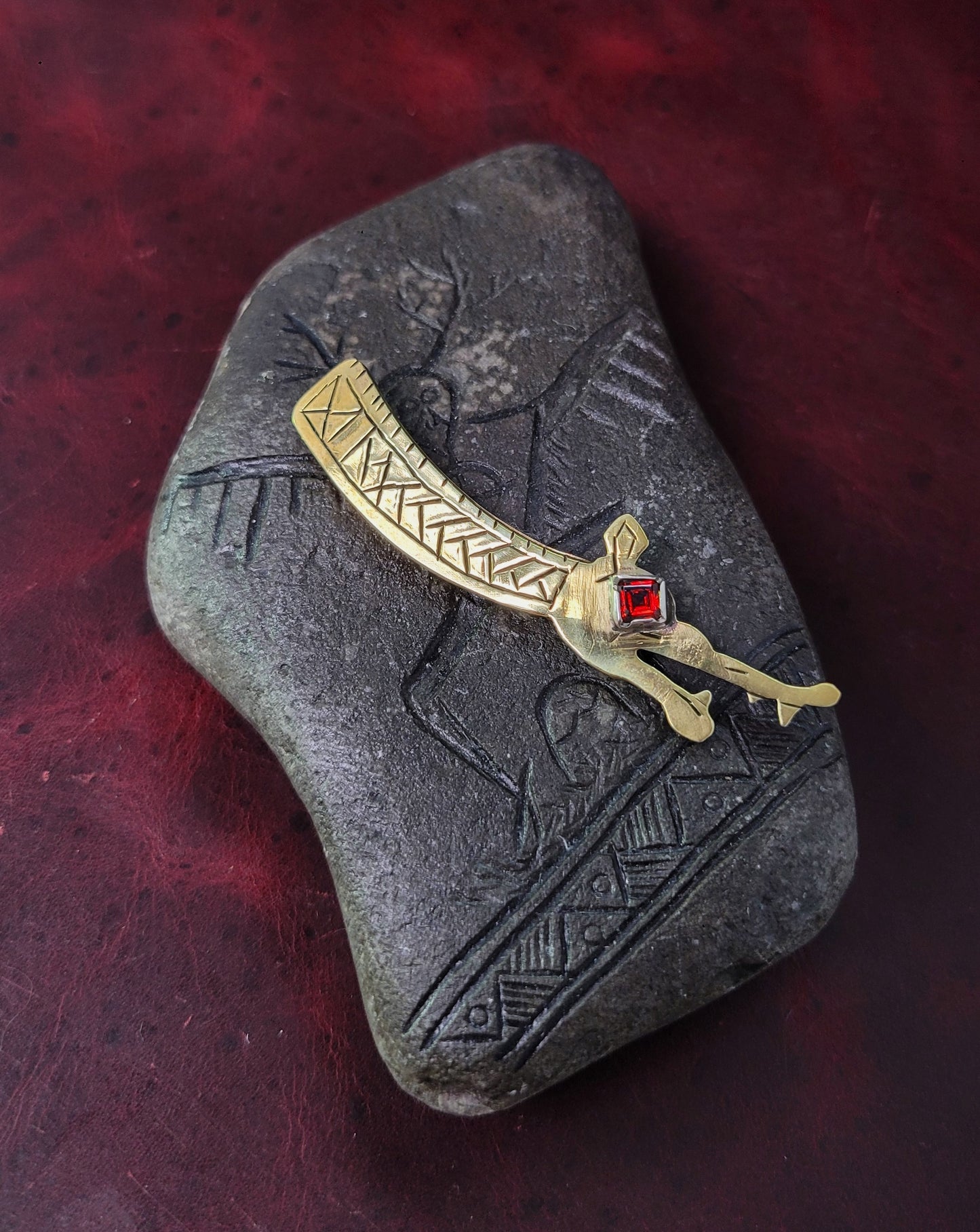 Brass dragon tie/ pocket clip- garnet