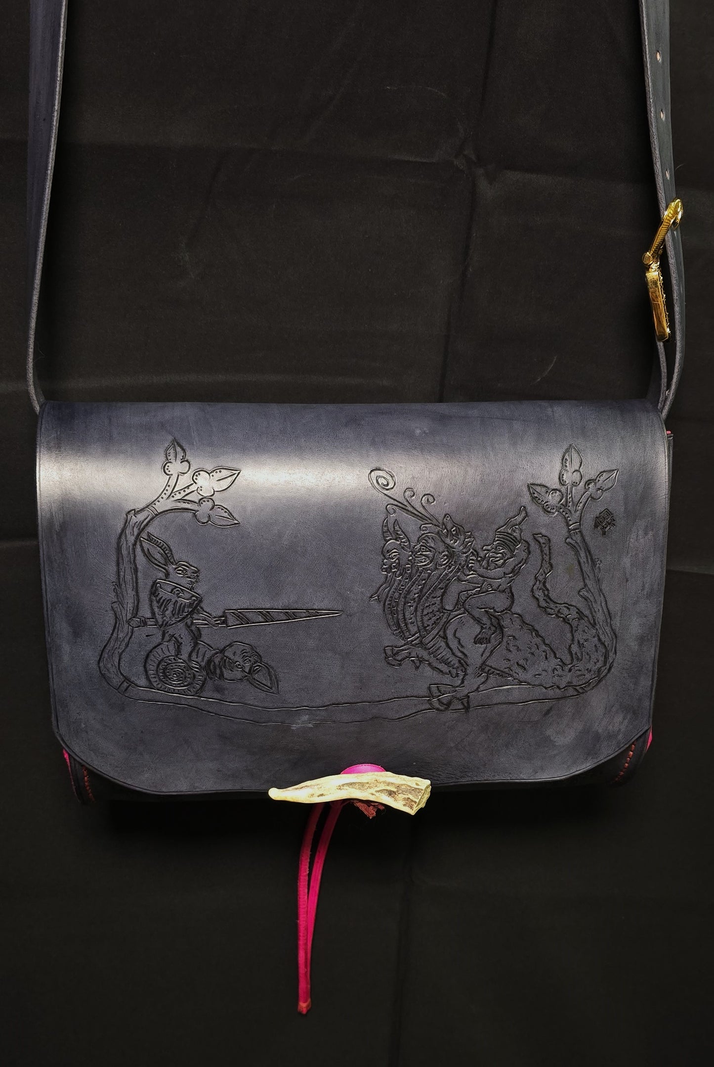 Illuminated Manuscript Rabbit Joust Vs Chimera Medieval leather Messenger Bag - 24K Gold Buckle