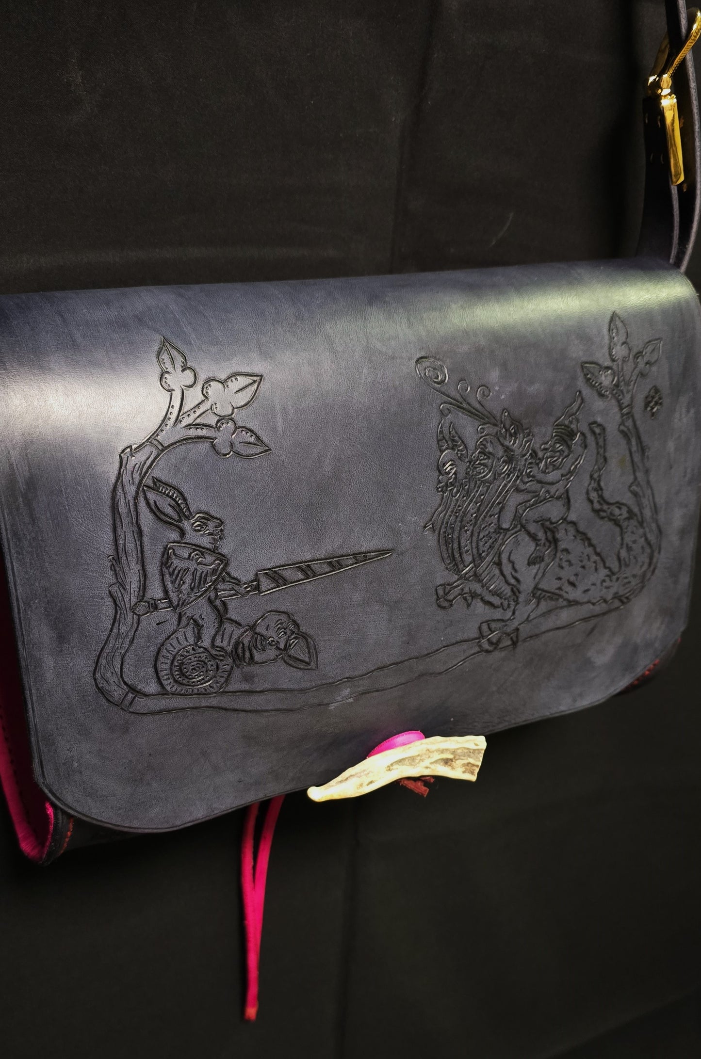 Illuminated Manuscript Rabbit Joust Vs Chimera Medieval leather Messenger Bag - 24K Gold Buckle