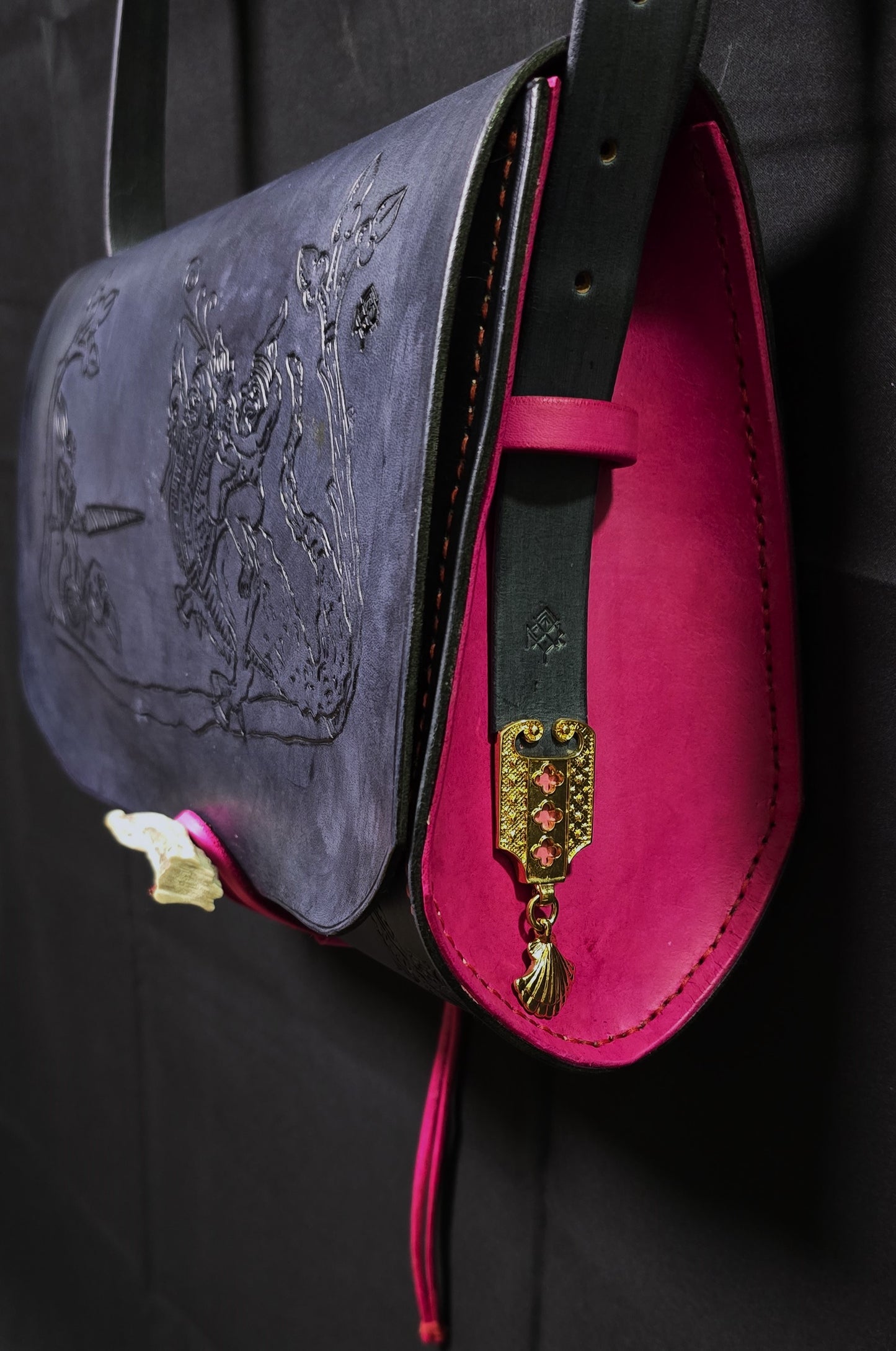 Illuminated Manuscript Rabbit Joust Vs Chimera Medieval leather Messenger Bag - 24K Gold Buckle