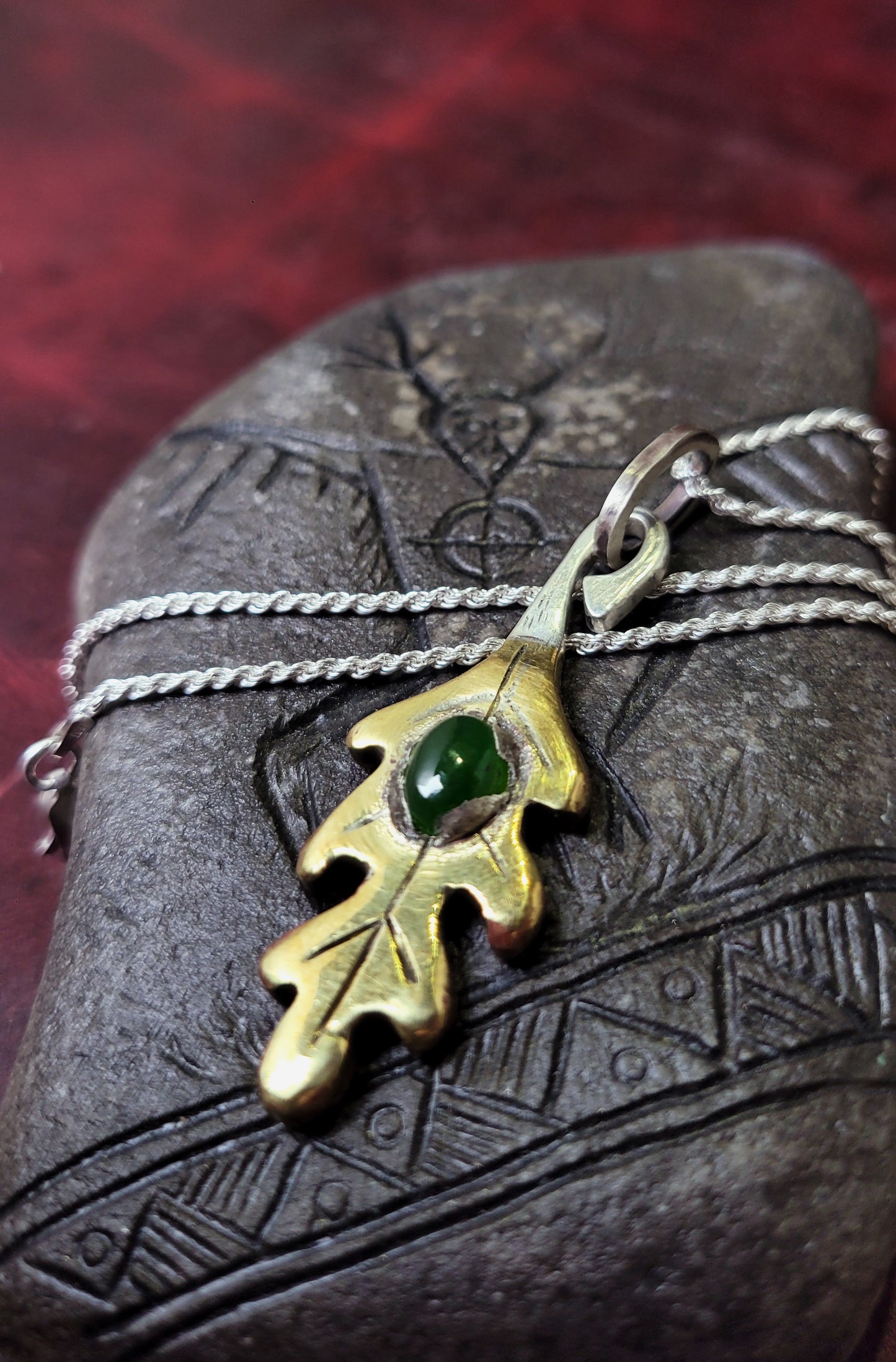 Brass Oak Leaf Pendant - Nephrite Jade