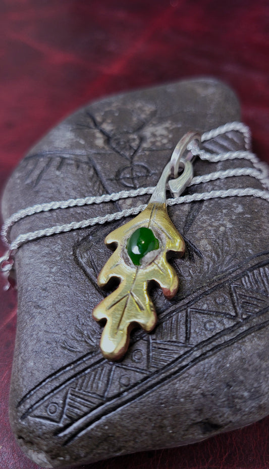 Brass Oak Leaf Pendant - Nephrite Jade
