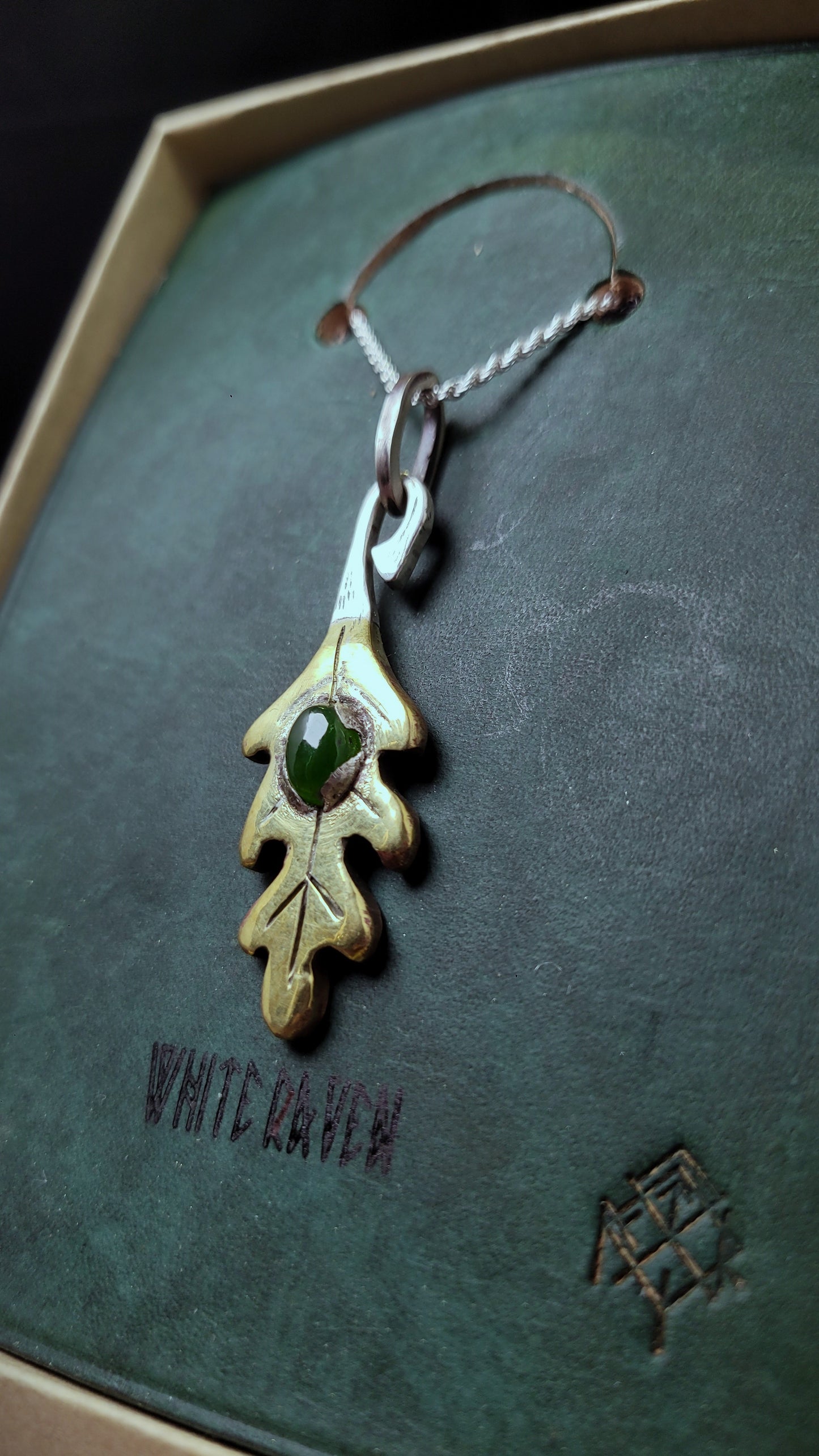 Brass Oak Leaf Pendant - Nephrite Jade