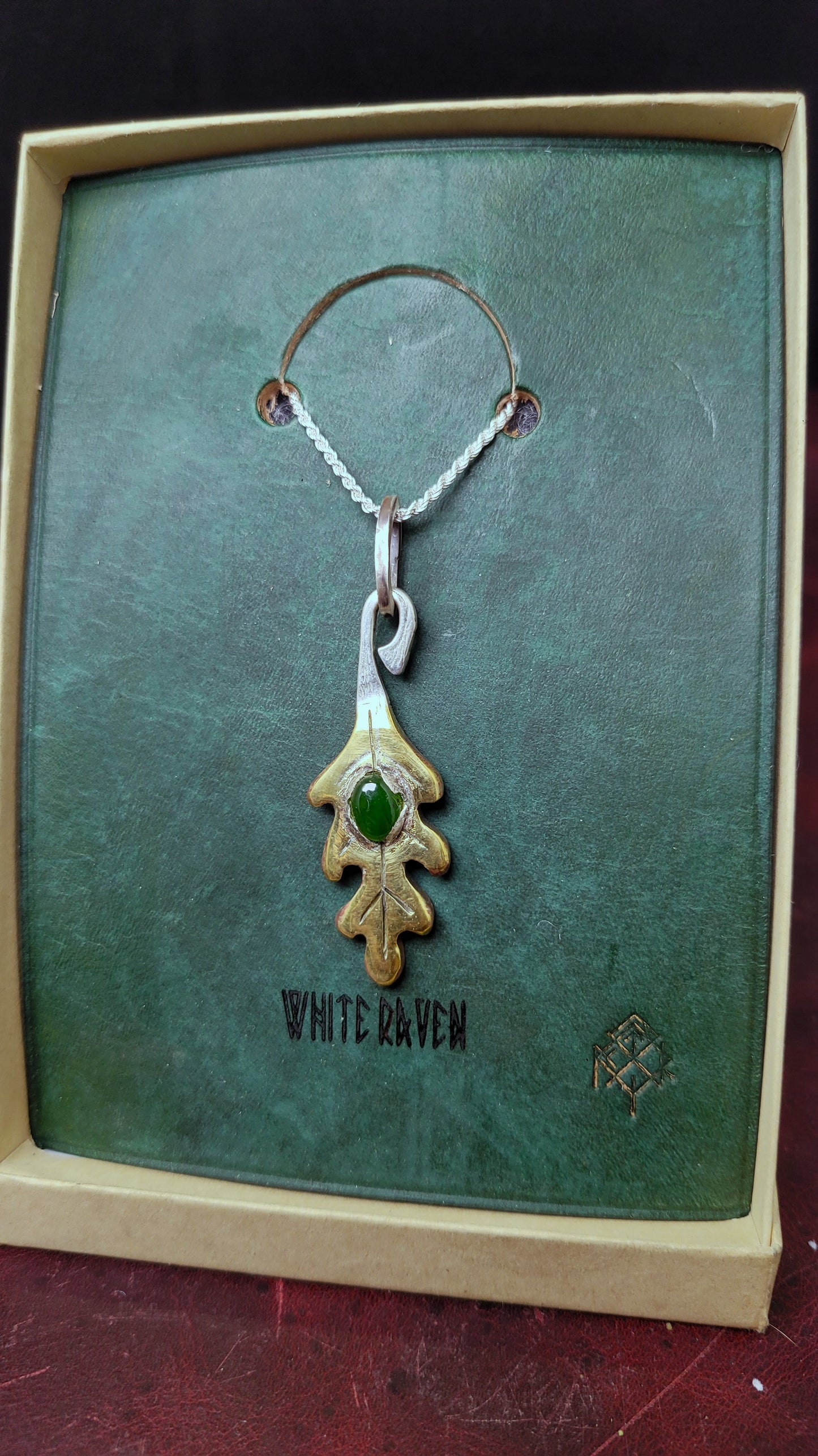 Brass Oak Leaf Pendant - Nephrite Jade