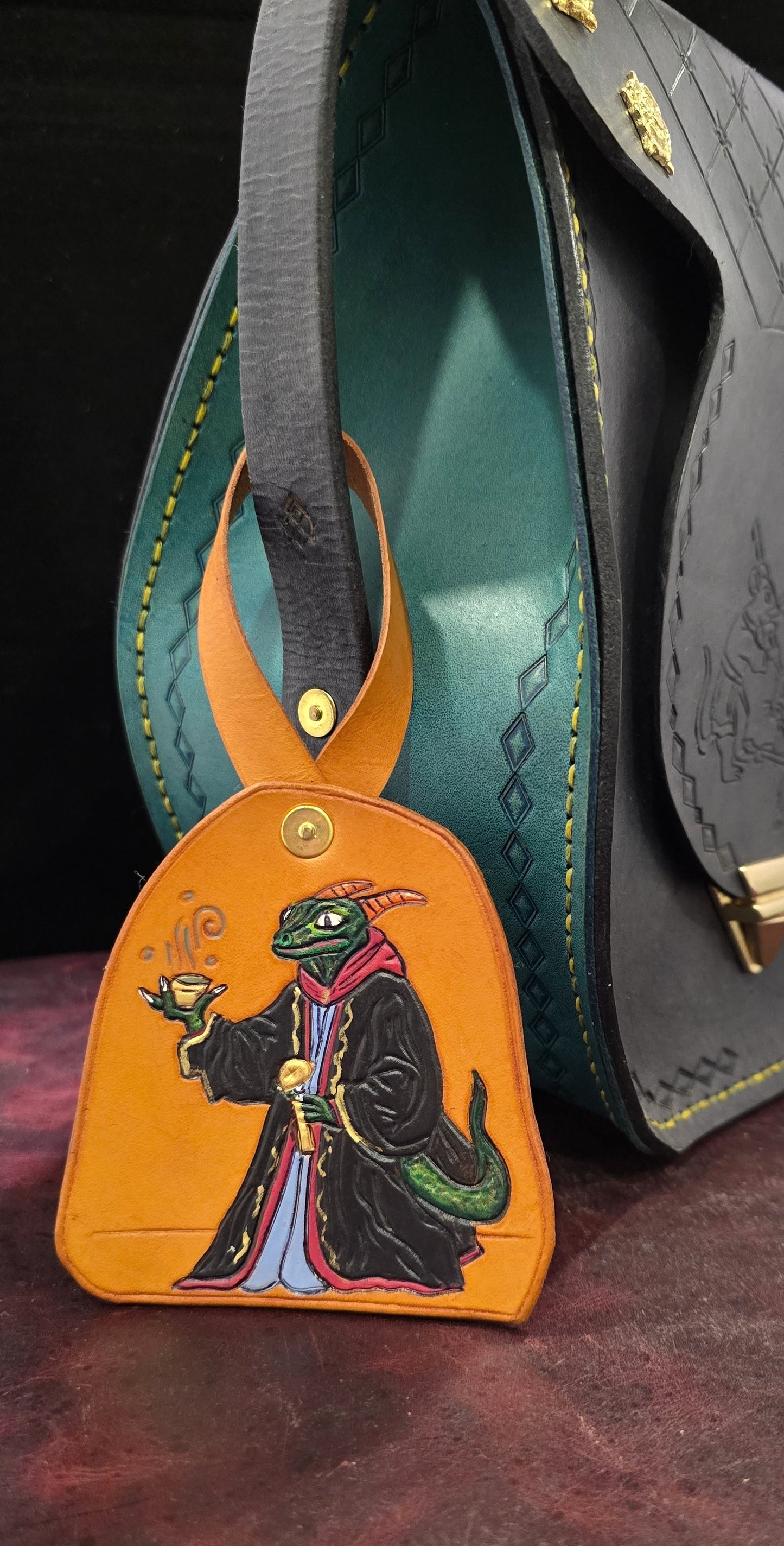 Leather Purse Tag- Horned Lizard Mage
