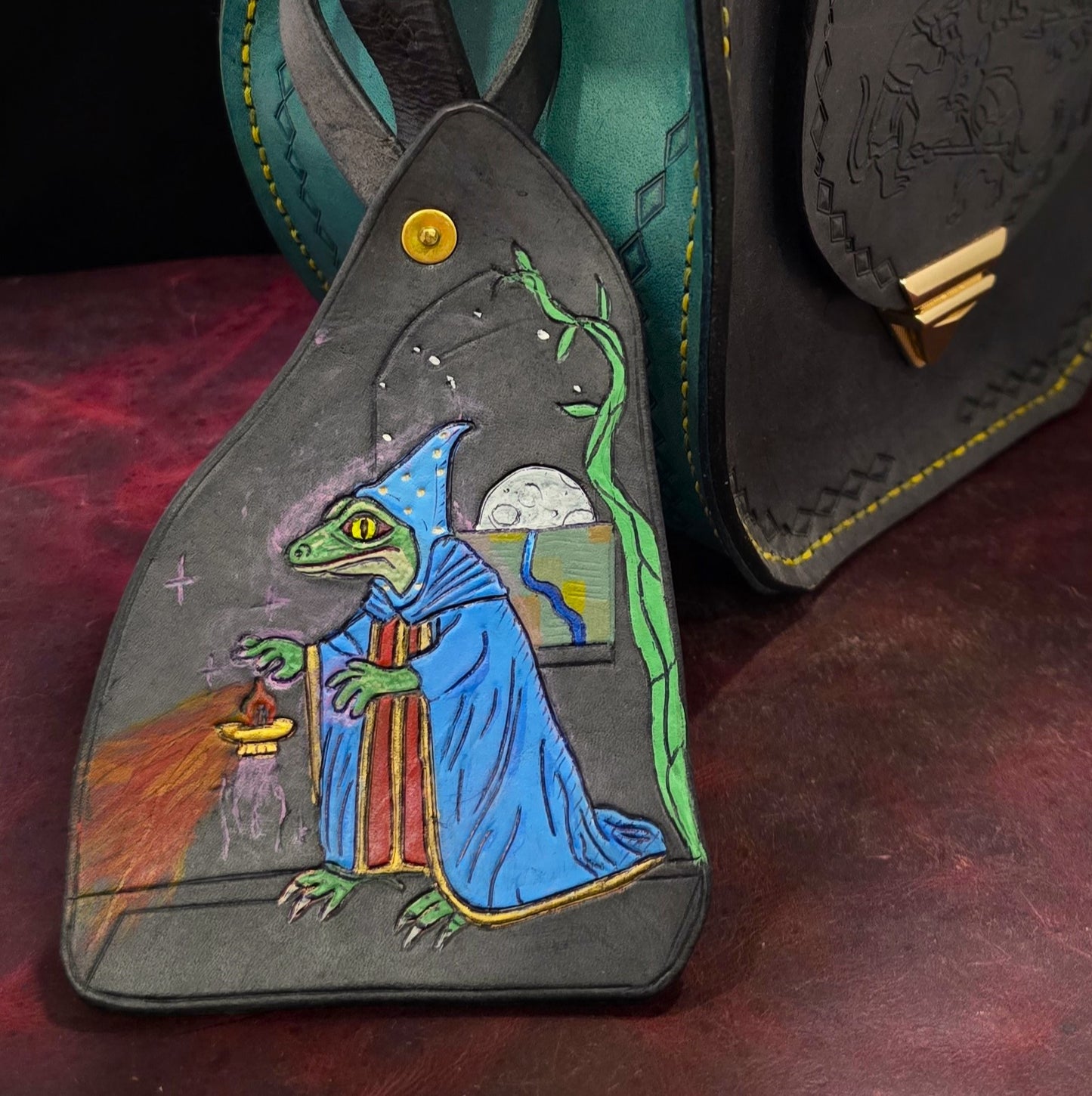 Leather Purse Tag- Lizard Wizard "I cast Fire Ball"