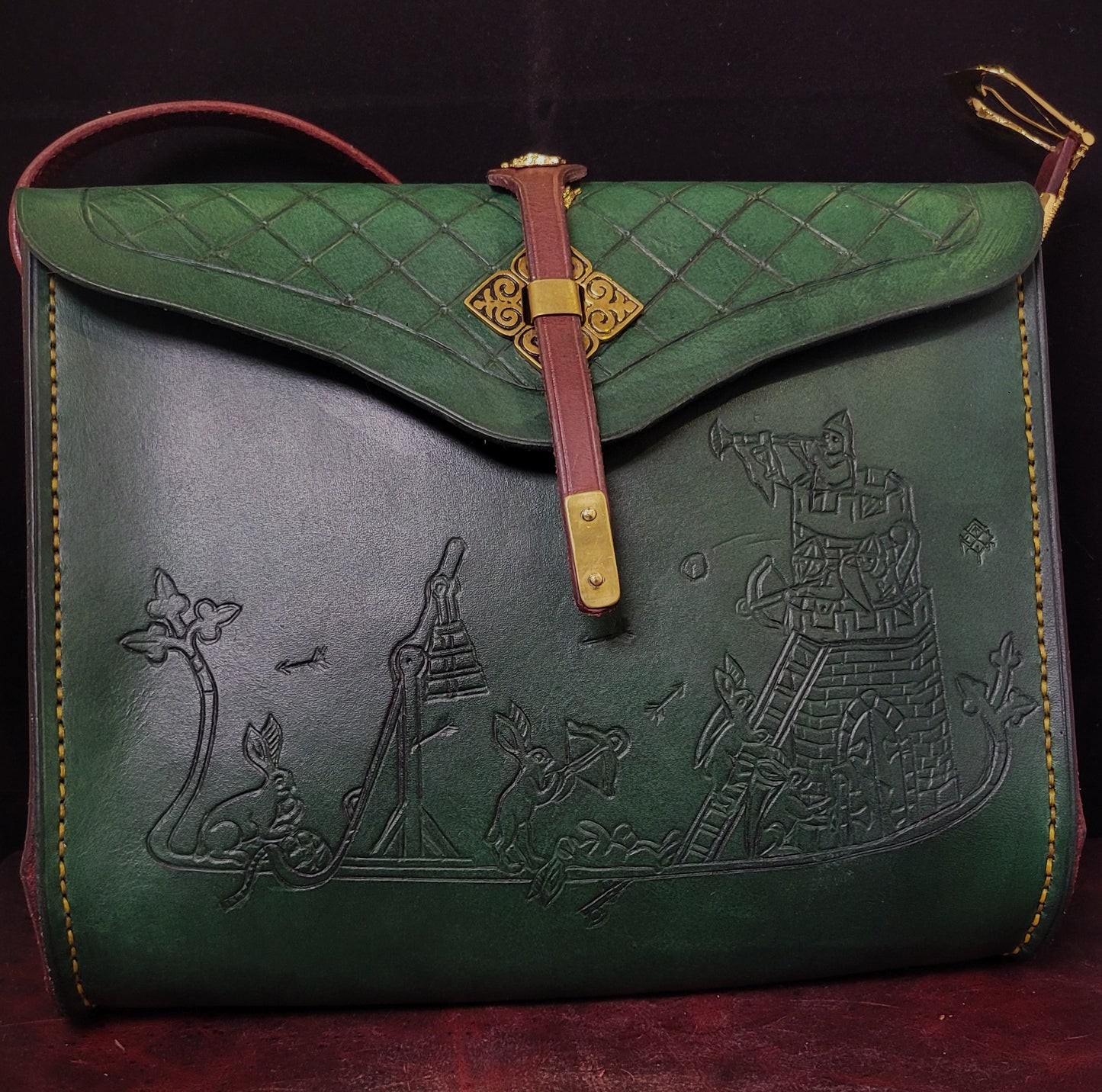 Medieval Murder Rabbits purse - "Hop Into Battle!" - green and burgundy