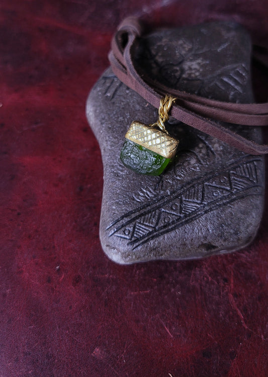 Brass & Moldavite Acorn Pendant