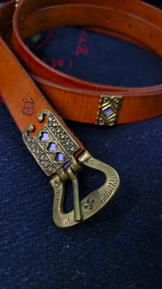 Leather long medieval Belt - Brass buckle with lavender underpaint